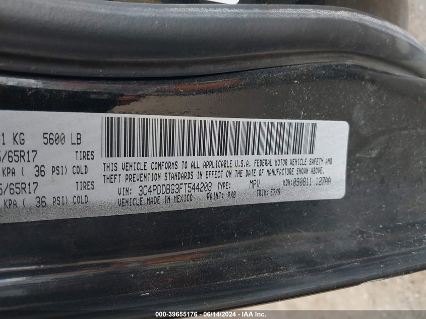 2015 Dodge Journey Sxt VIN: 3C4PDDBG3FT544203 Lot: 39655176