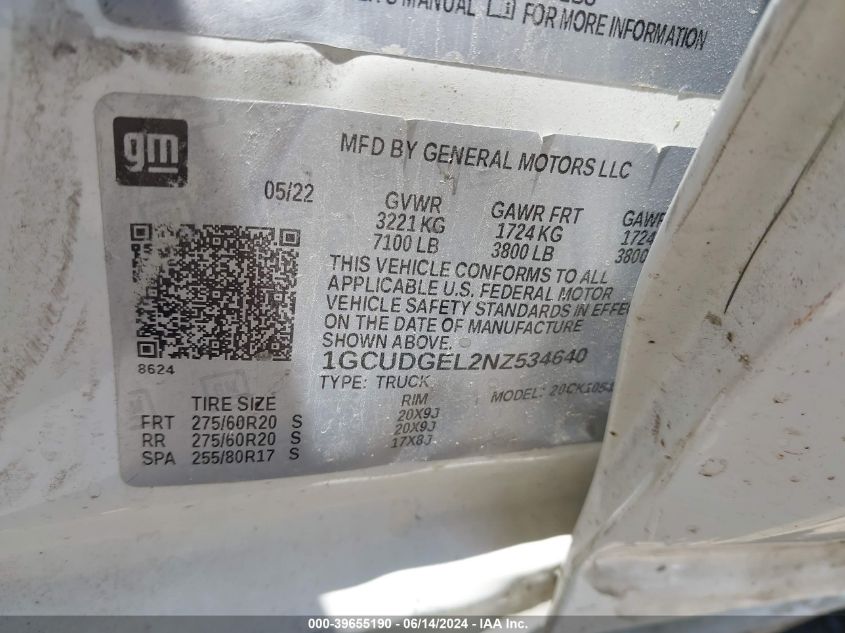 2022 Chevrolet Silverado 1500 4Wd Short Bed Ltz VIN: 1GCUDGEL2NZ534640 Lot: 39655190