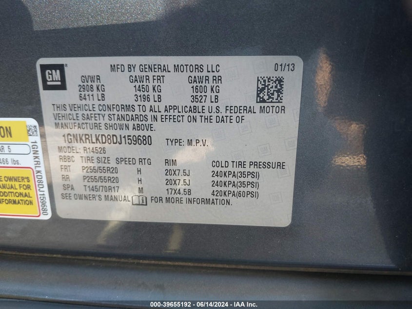 2013 CHEVROLET TRAVERSE LTZ - 1GNKRLKD8DJ159680