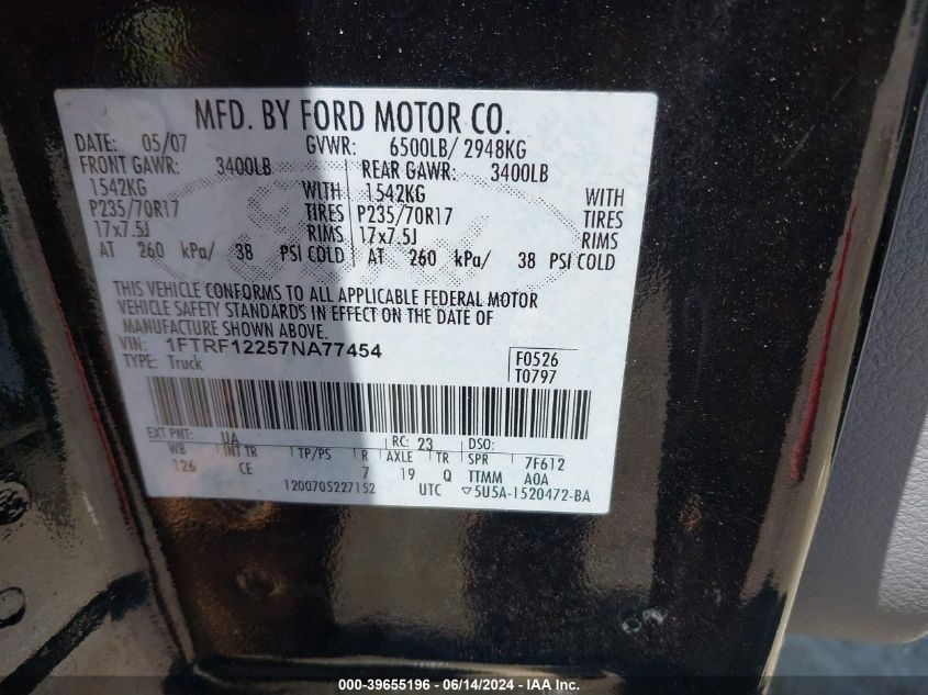 2007 Ford F-150 Stx/Xl/Xlt VIN: 1FTRF12257NA77454 Lot: 39655196