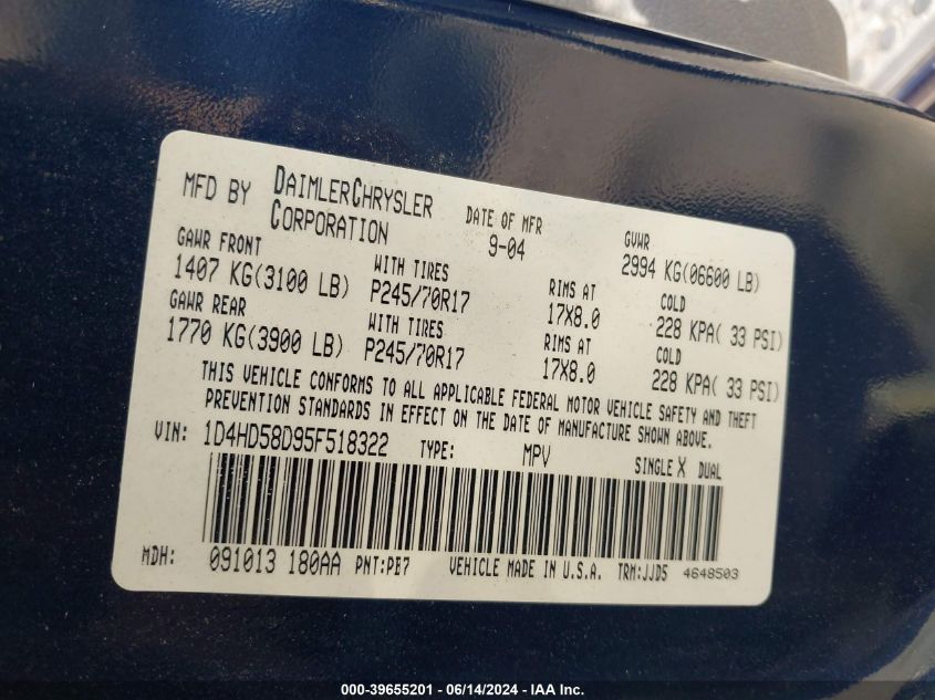 2005 Dodge Durango Limited VIN: 1D4HD58D95F518322 Lot: 39655201