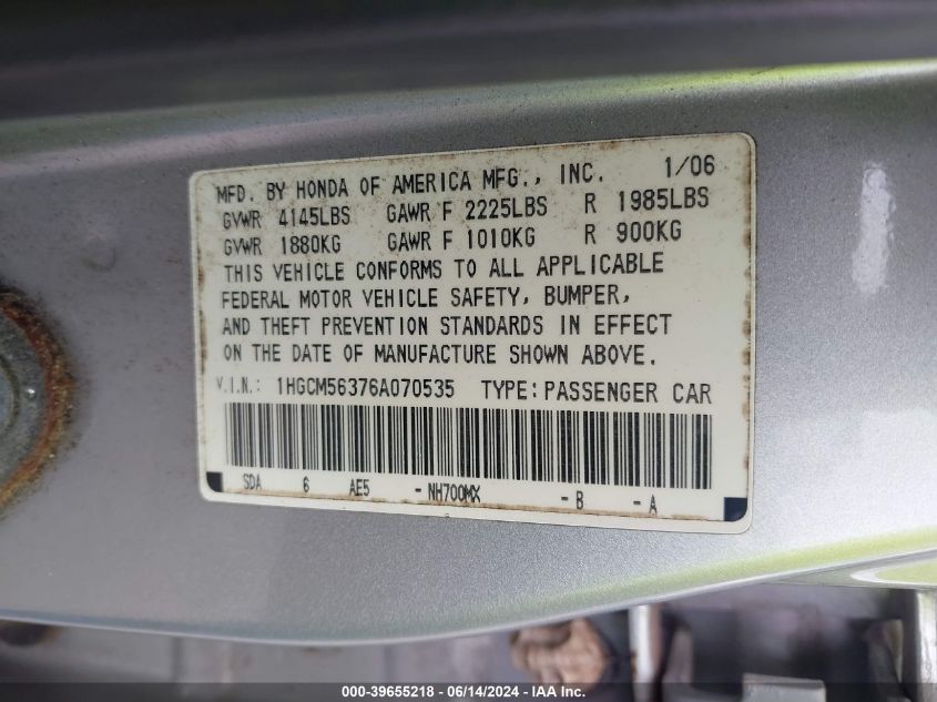 2006 Honda Accord 2.4 Se VIN: 1HGCM56376A070535 Lot: 39655218
