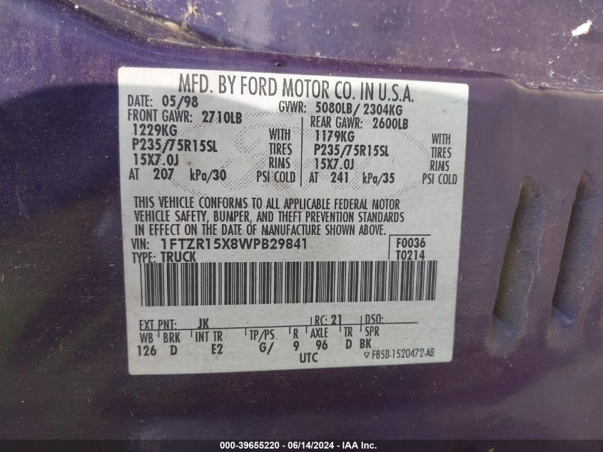 1998 Ford Ranger Splash/Xl/Xlt VIN: 1FTZR15X8WPB29841 Lot: 39655220