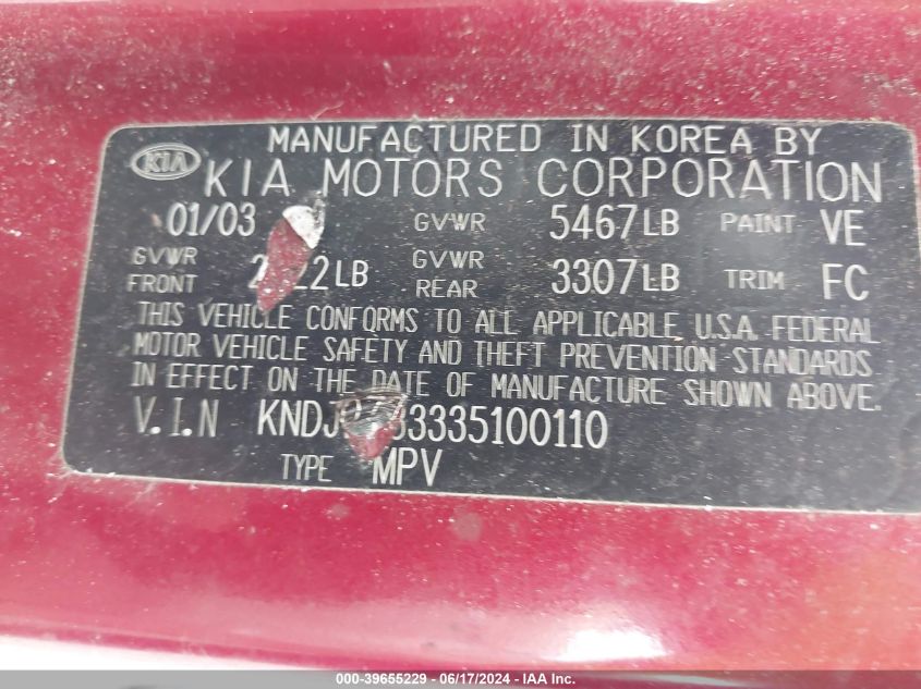 2003 Kia Sorento Ex/Lx VIN: KNDJD733335100110 Lot: 39655229