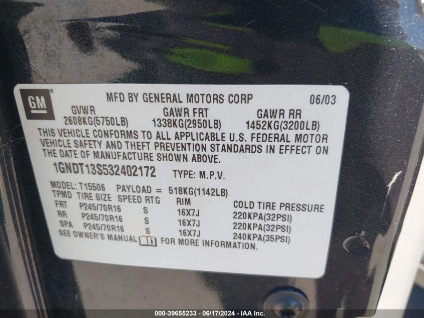 2003 Chevrolet Trailblazer Ls VIN: 1GNDT13S532402172 Lot: 39655233