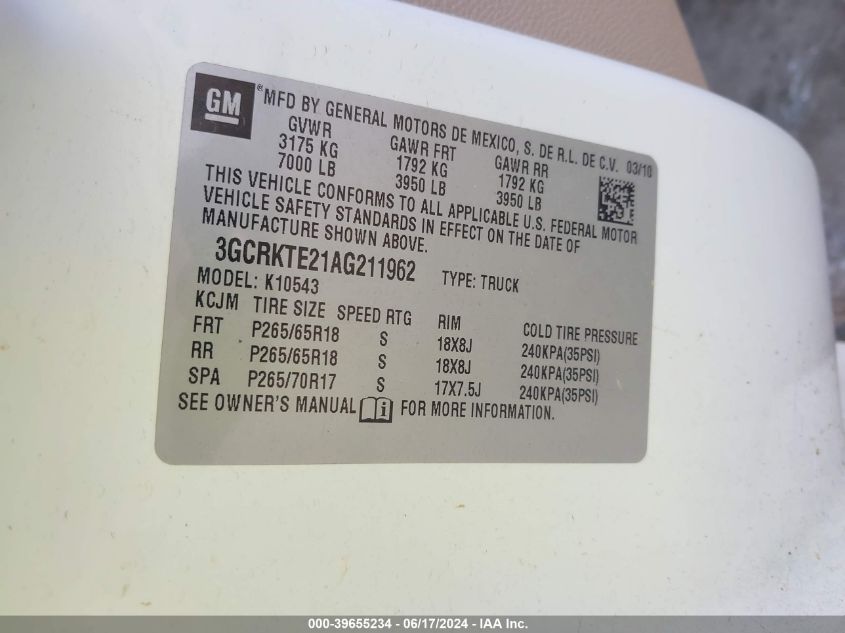 2010 Chevrolet Silverado 1500 Ltz VIN: 3GCRKTE21AG211962 Lot: 39655234