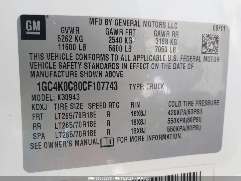 2012 Chevrolet Silverado 3500Hd Lt VIN: 1GC4K0C80CF107743 Lot: 39655236