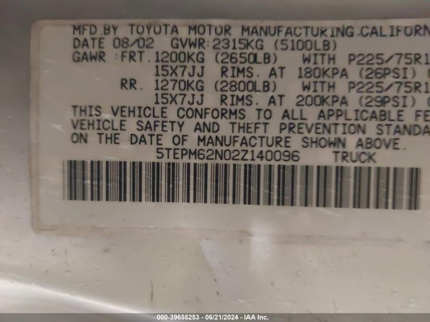 2002 Toyota Tacoma VIN: 5TEPM62N02Z140096 Lot: 39655253