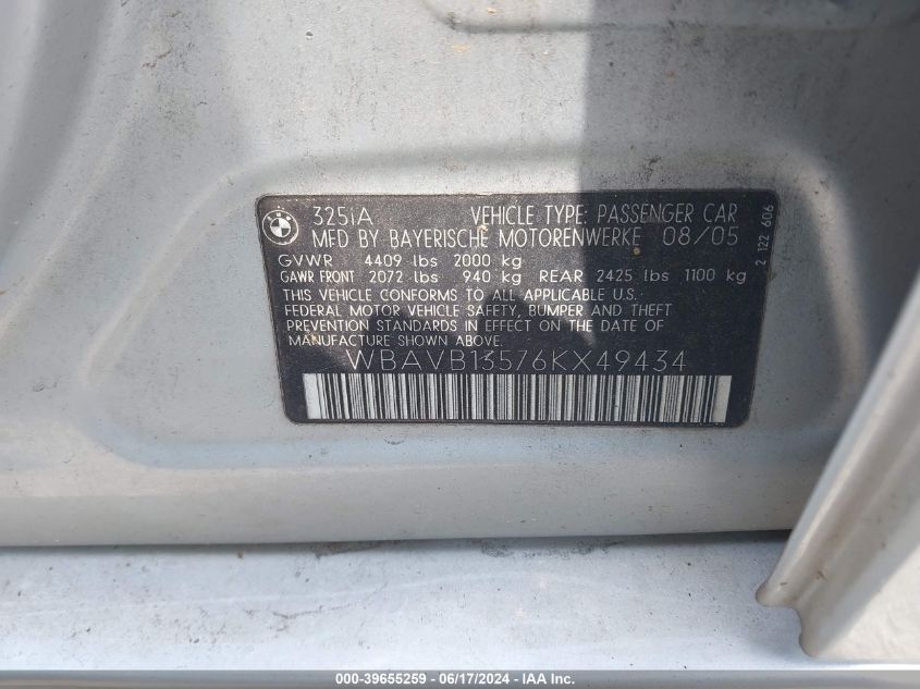 2006 BMW 325I VIN: WBAVB13576KX49434 Lot: 39655259