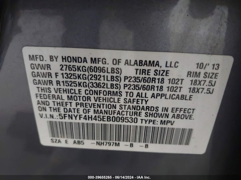 2014 Honda Pilot Ex VIN: 5FNYF4H45EB009530 Lot: 39655265