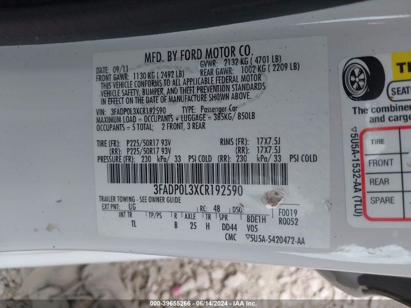 2012 Ford Fusion Hybrid VIN: 3FADP0L3XCR192590 Lot: 39655266