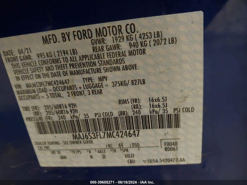 2021 Ford Ecosport S VIN: MAJ6S3FL7MC424647 Lot: 39655271