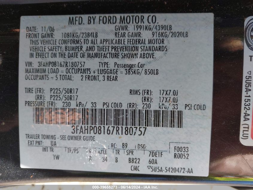 2007 Ford Fusion Sel VIN: 3FAHP08167R180757 Lot: 39655273