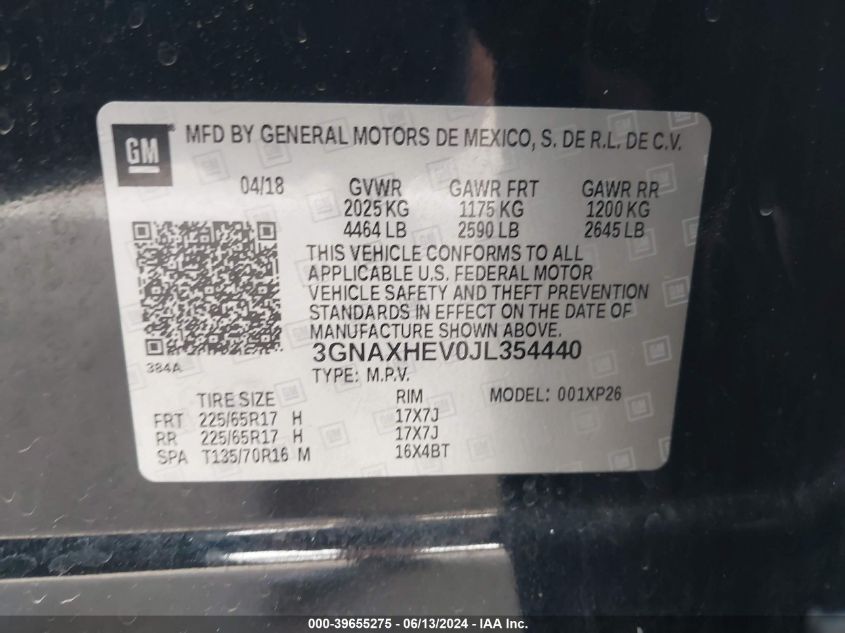 2018 Chevrolet Equinox Ls VIN: 3GNAXHEV0JL354440 Lot: 39655275