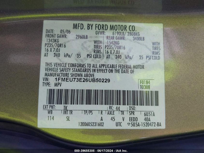 2006 Ford Explorer Xlt VIN: 1FMEU73E26UB50229 Lot: 39655305