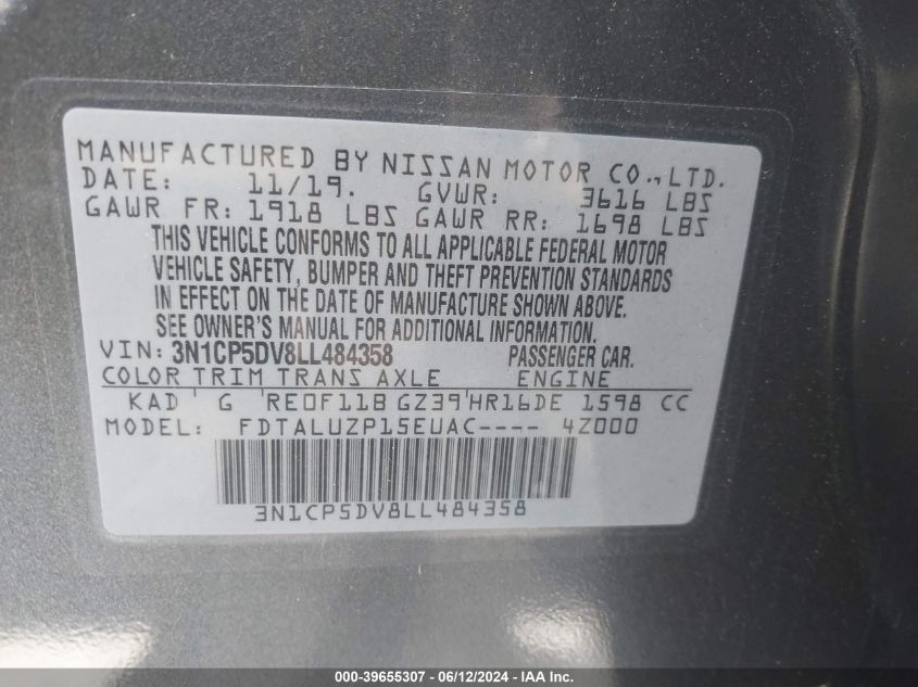 2020 Nissan Kicks Sr Xtronic Cvt VIN: 3N1CP5DV8LL484358 Lot: 39655307