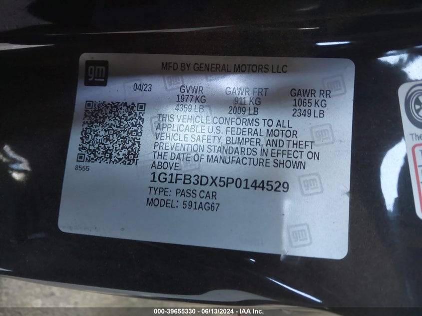 2023 Chevrolet Camaro Rwd 1Lt VIN: 1G1FB3DX5P0144529 Lot: 39655330