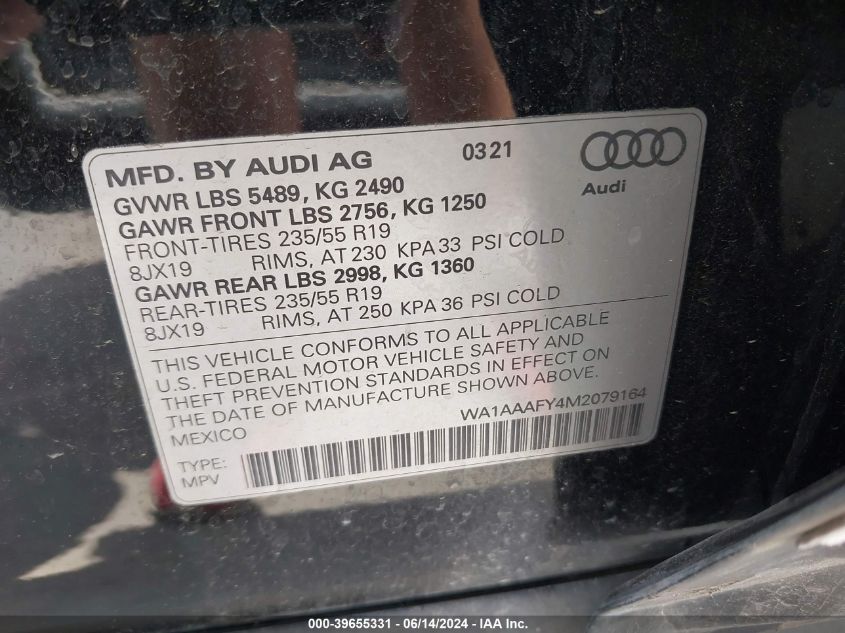 2021 Audi Q5 Premium 45 Tfsi Quattro S Tronic VIN: WA1AAAFY4M2079164 Lot: 39655331