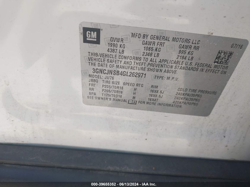 2016 Chevrolet Trax 1Ls VIN: 3GNCJNSB4GL262971 Lot: 39655352