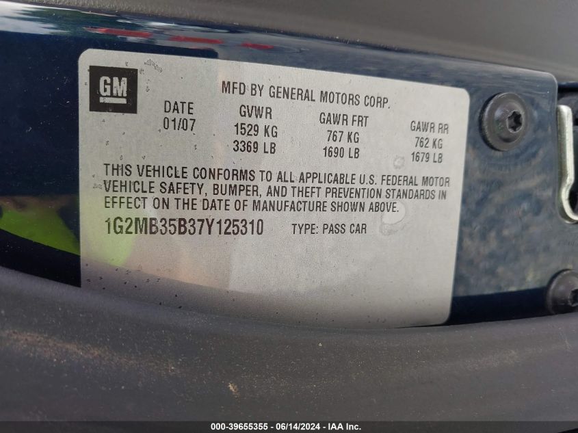 2007 Pontiac Solstice VIN: 1G2MB35B37Y125310 Lot: 39655355