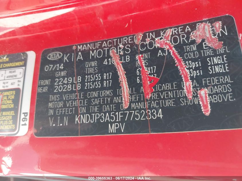 2015 Kia Soul + VIN: KNDJP3A51F7752334 Lot: 39655363