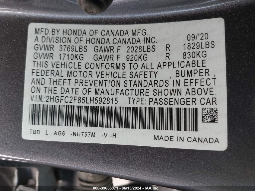 2020 Honda Civic Sport VIN: 2HGFC2F85LH592815 Lot: 39655371