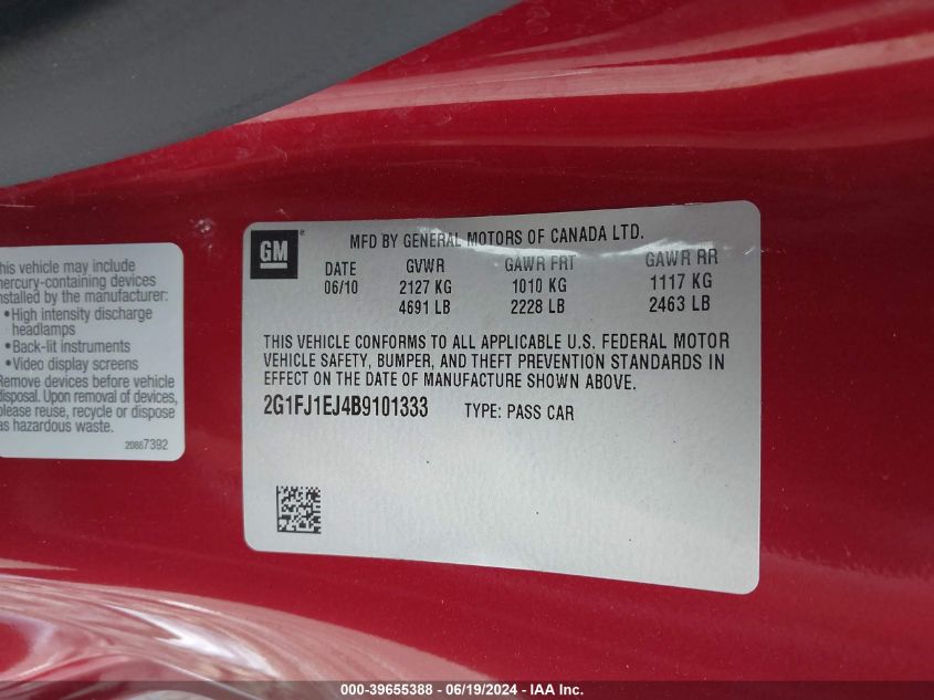 2011 Chevrolet Camaro 1Ss VIN: 2G1FJ1EJ4B9101333 Lot: 39655388