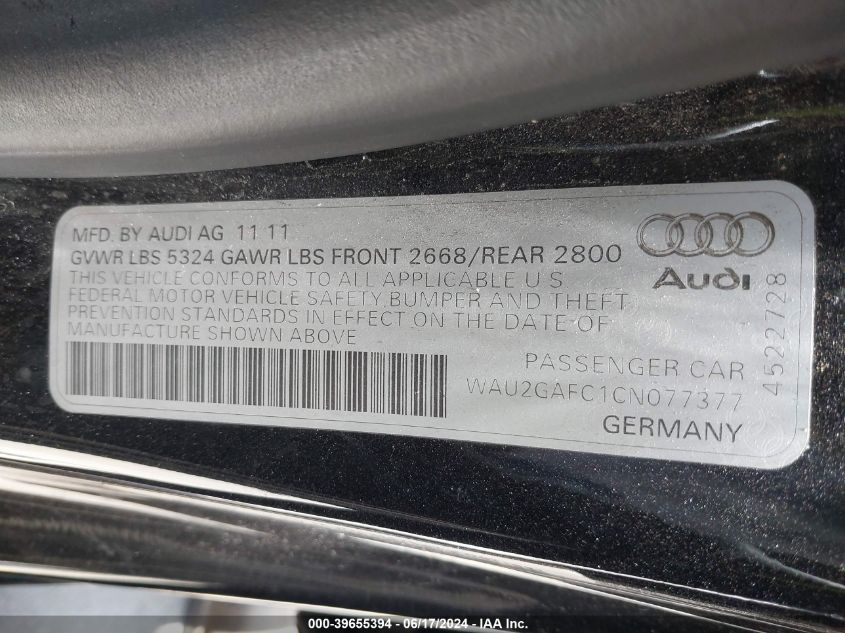 2012 Audi A7 Premium VIN: WAU2GAFC1CN077377 Lot: 39655394