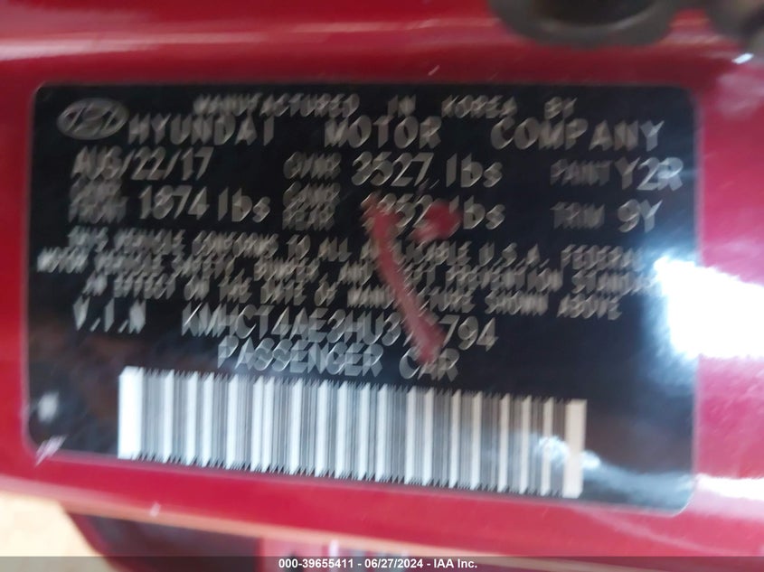 2017 Hyundai Accent Se VIN: KMHCT4AE3HU376794 Lot: 39655411