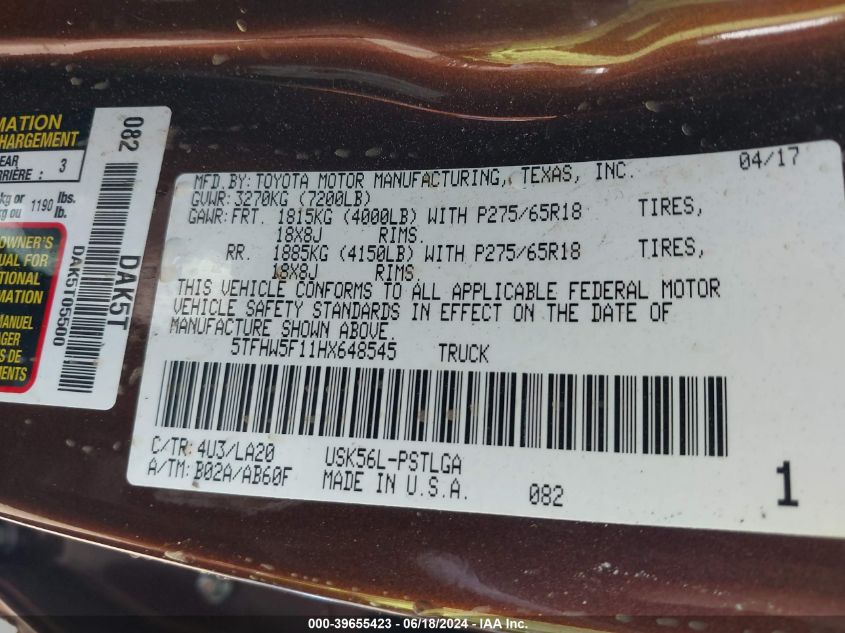 2017 Toyota Tundra Limited 5.7L V8 VIN: 5TFHW5F11HX648545 Lot: 39655423