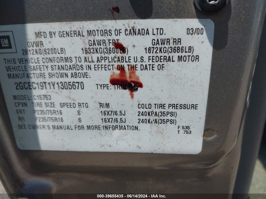 2000 Chevrolet Silverado 1500 Ls VIN: 2GCEC19T1Y1305670 Lot: 39655435