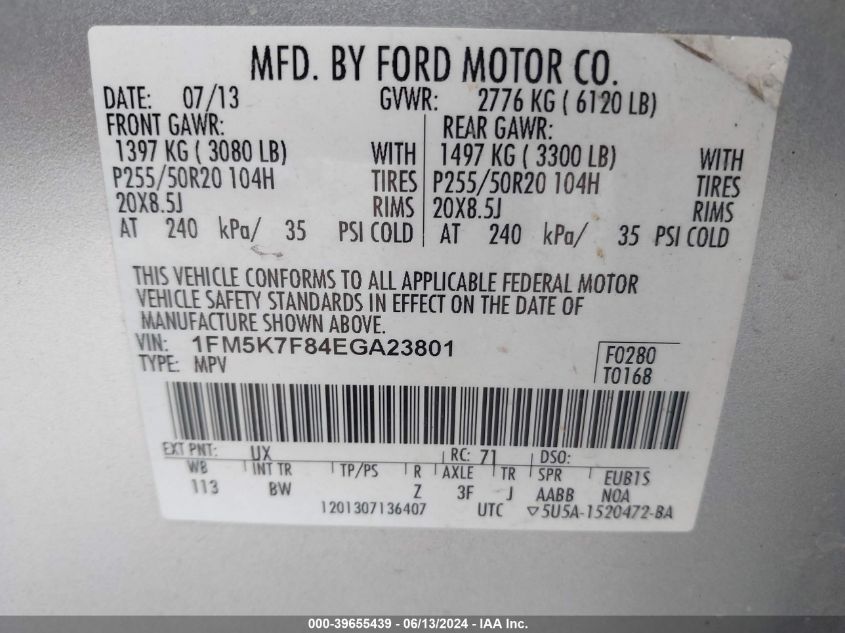 2014 Ford Explorer Limited VIN: 1FM5K7F84EGA23801 Lot: 39655439