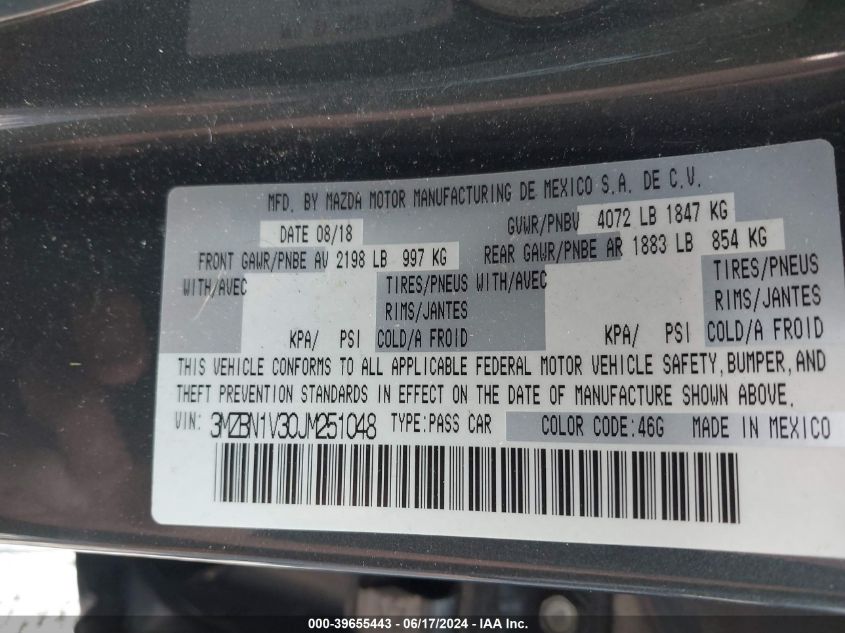 2018 Mazda Mazda3 Touring VIN: 3MZBN1V30JM251048 Lot: 39655443