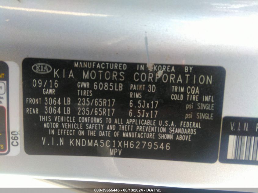 2017 KIA SEDONA L - KNDMA5C1XH6279546