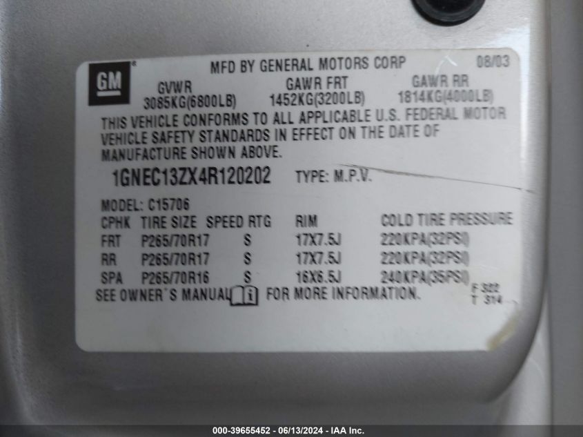 2004 Chevrolet Tahoe Lt VIN: 1GNEC13ZX4R120202 Lot: 39655452