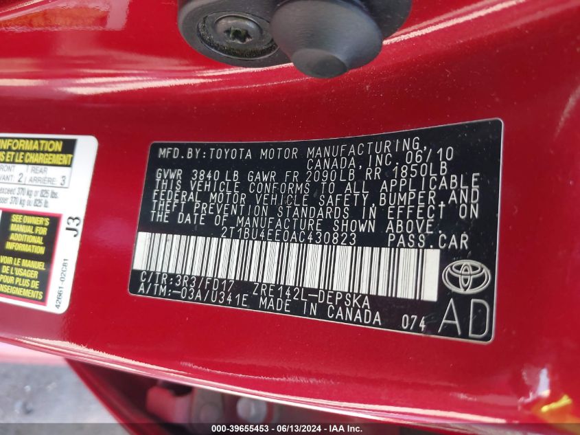 2010 Toyota Corolla S VIN: 2T1BU4EE0AC430823 Lot: 39655453