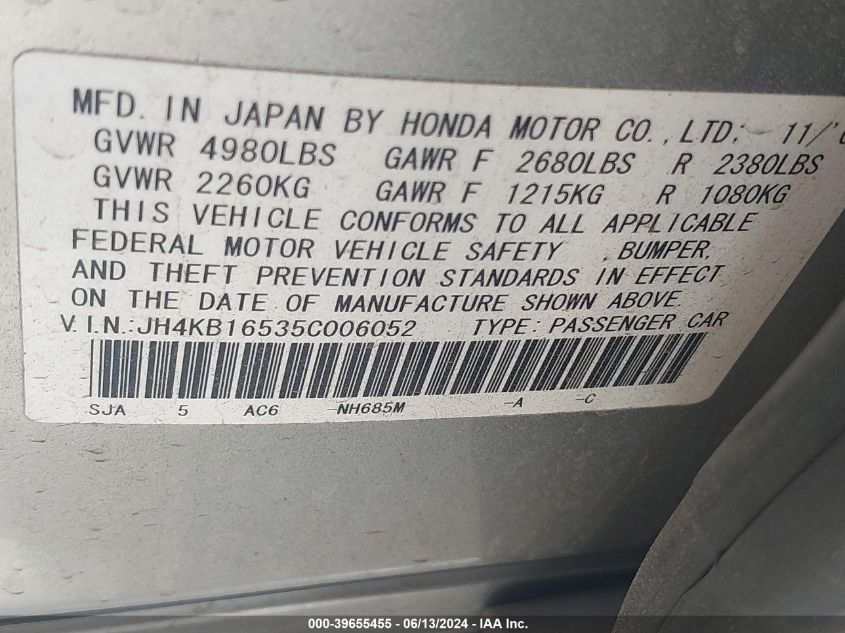 2005 Acura Rl 3.5 VIN: JH4KB16535C006052 Lot: 39655455
