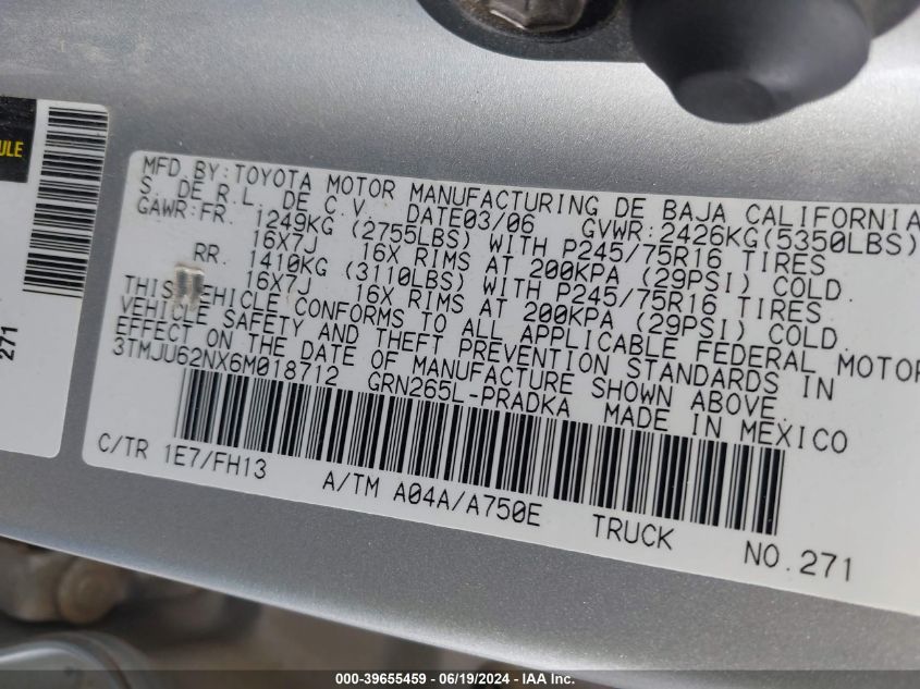 2006 Toyota Tacoma Prerunner V6 VIN: 3TMJU62NX6M018712 Lot: 39655459