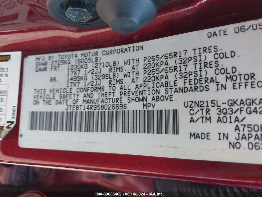 2005 Toyota 4Runner Sr5 V8 VIN: JTEBT14R958026695 Lot: 39655462
