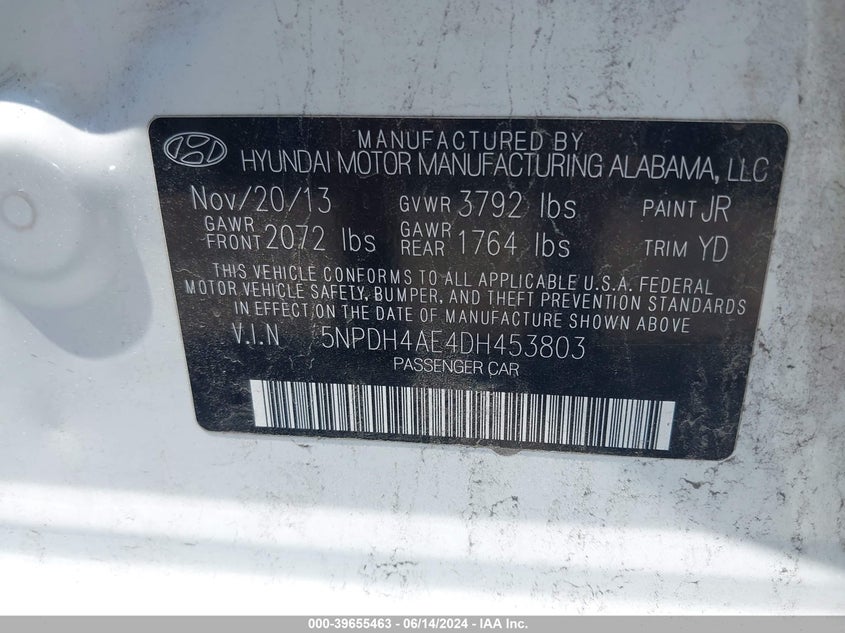 2013 Hyundai Elantra Gls VIN: 5NPDH4AE4DH453803 Lot: 39655463