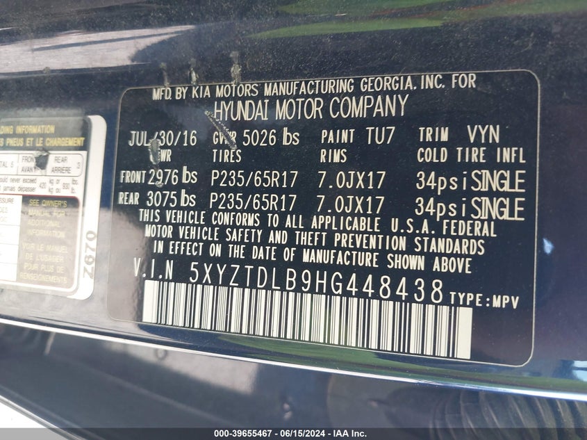 2017 Hyundai Santa Fe Sport 2.4L VIN: 5XYZTDLB9HG448438 Lot: 39655467