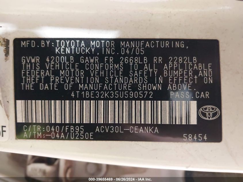 2005 Toyota Camry Le VIN: 4T1BE32K35U590572 Lot: 39655469