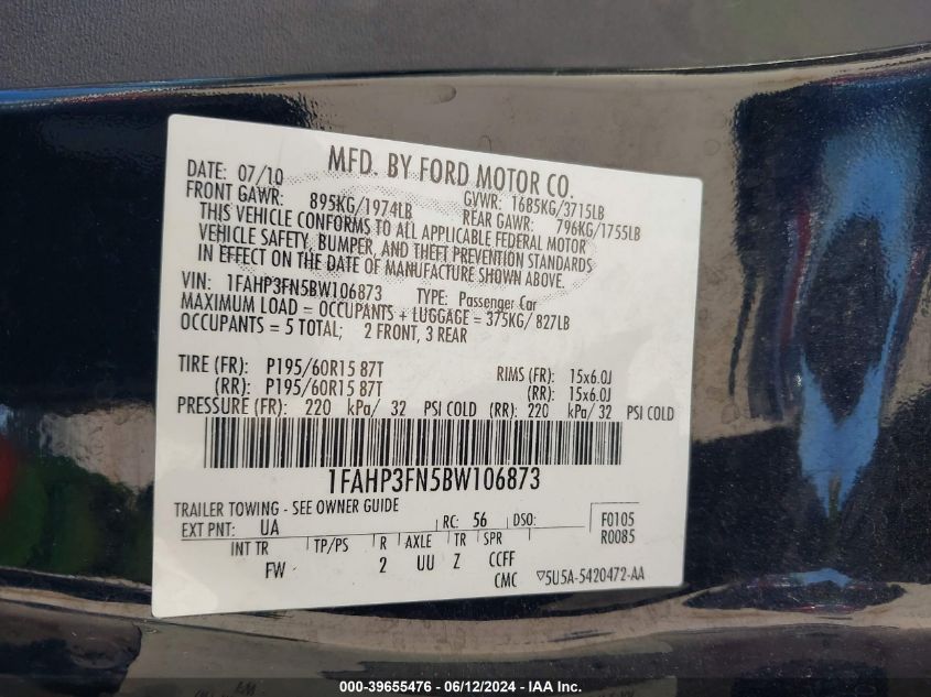 2011 Ford Focus Se VIN: 1FAHP3FN5BW106873 Lot: 39655476