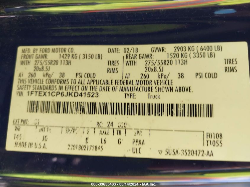 2018 Ford F-150 Xl VIN: 1FTEX1CP6JKD41523 Lot: 39655483