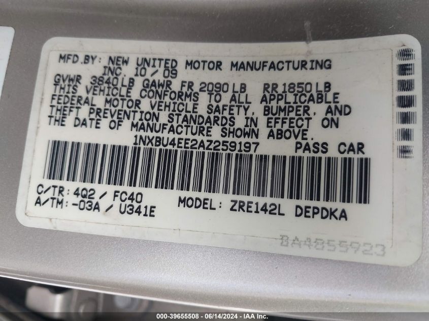 2010 Toyota Corolla Le VIN: 1NXBU4EE2AZ259197 Lot: 39655508