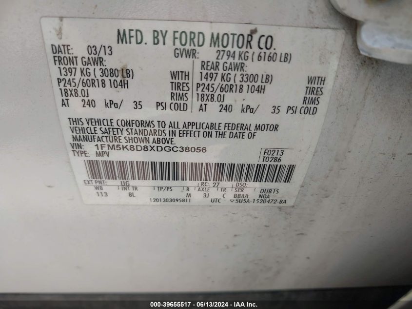 2013 Ford Explorer Xlt VIN: 1FM5K8D8XDGC38056 Lot: 39655517