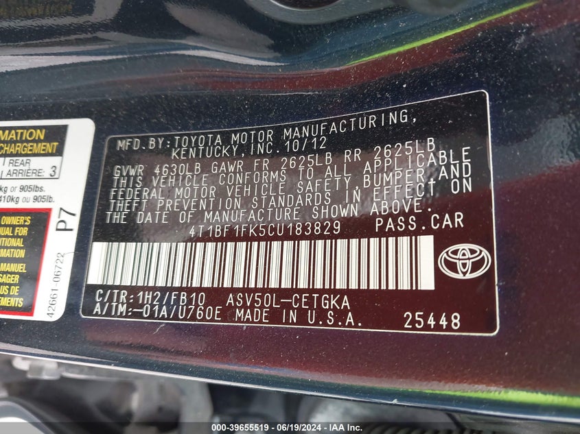 2012 Toyota Camry L/Le/Se/Xle/Se Sport Limited Edition VIN: 4T1BF1FK5CU183829 Lot: 39655519