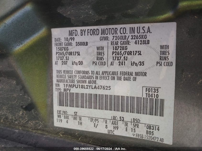 2000 Ford Expedition Eddie Bauer VIN: 1FMPU18L2YLA47625 Lot: 39655522