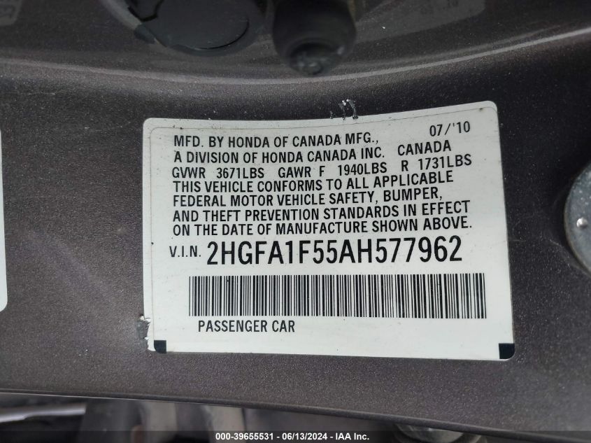 2010 Honda Civic Lx VIN: 2HGFA1F55AH577962 Lot: 39655531