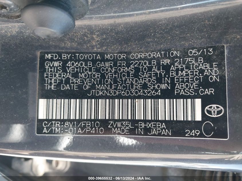 2013 Toyota Prius Plug-In VIN: JTDKN3DP6D3043264 Lot: 39655532